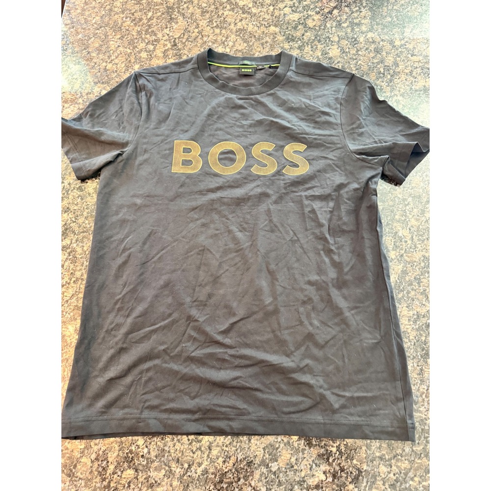 Hugo Boss Mens Black Gold Logo Stretch T-Shirt Size M Short Sleeve Crew Neck